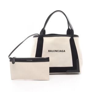 Balenciaga Navy Blue Cabas Tote Bag Canvas Leather Ivory White Black